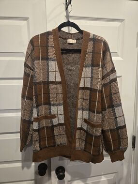 Plaid Open-Front Cardigan Sweater - Brown